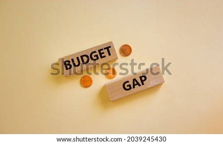 Budget gap symbol. Concept words 'budget gap' on wooden blocks on a beautiful white background, metallic coins. Business and budget gap concept, copy space.
