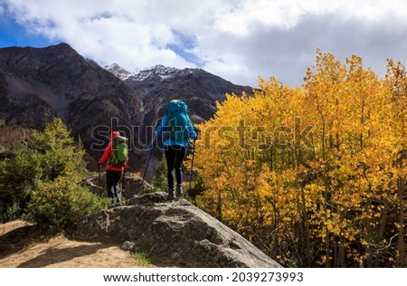 Two backpackers hiking  in high altitude winter mountains