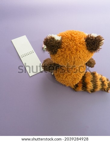 Modern concept of red panda toy, chalk and notepad