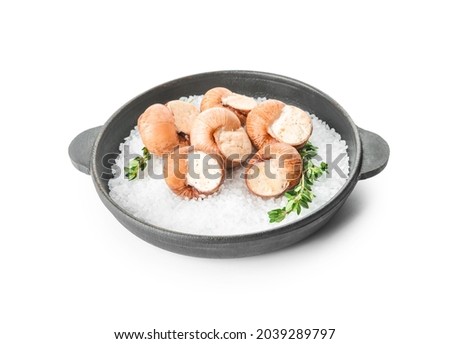 Frying pan with tasty snails on white background