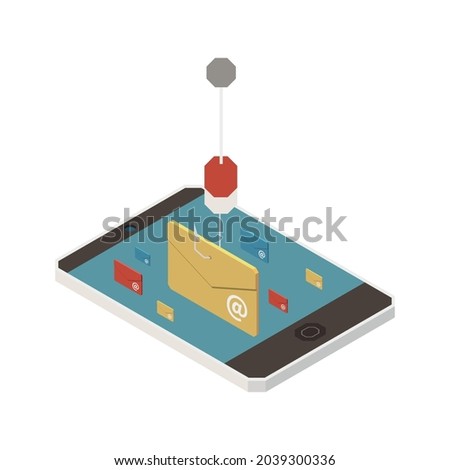 Digital crime phishing isometric icon with email envelope on fishing hook 3d vector illustration