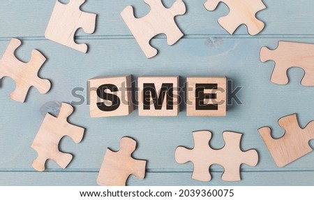 Blank puzzles and wooden cubes with the text SME SUBJECT MATTER EXPERT lie on a light blue background.