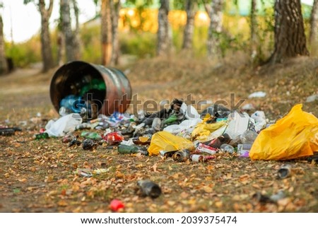 A pile of rubbish under the trees. Garbage dump in the forest. Illegal garbage dump. Environmental pollution. Birch forest.  Royalty-Free Stock Photo #2039375474