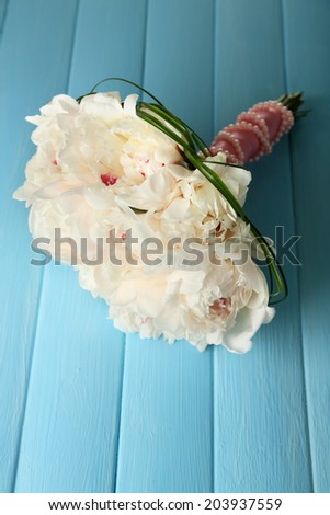 Beautiful wedding bouquet on  color background