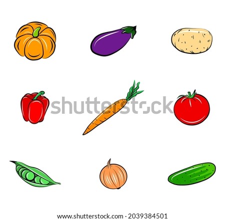 Vegetables icon set isolated on white cartoon stickers with outline graphic drawing fresh eco food 