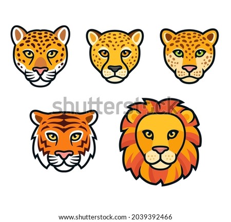 Big wild cats face set. Lion, tiger, leopard, jaguar, cheetah heads. Cartoon vector drawing, isolated vector clip art illustration.