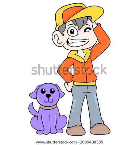 boy and pet dog walking together, vector illustration art. doodle icon image kawaii.