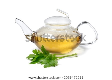 Glass teapot with lovage tea and a fresh twig of lovage in front isolated on white background Royalty-Free Stock Photo #2039472299