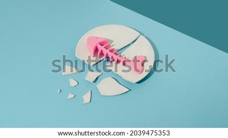 Minimal composition with pink fish skeleton on broken white plate against pastel blue table.