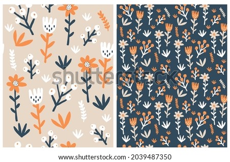 Simple Modern Scandi Botanic Print. Cute Floral Seamless Vector Patterns. Infantile Style Hand Drawn Flowers and Twigs Isolated on a Light Brown and Dark Blue Background. Abstract Garden Design.