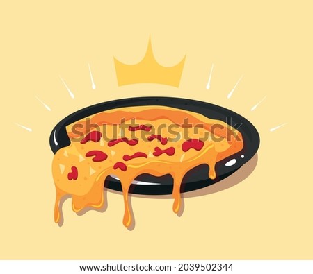 Royal slice of pizza with stretching cheese cartoon vector icon illustration. Food object icon isolated.