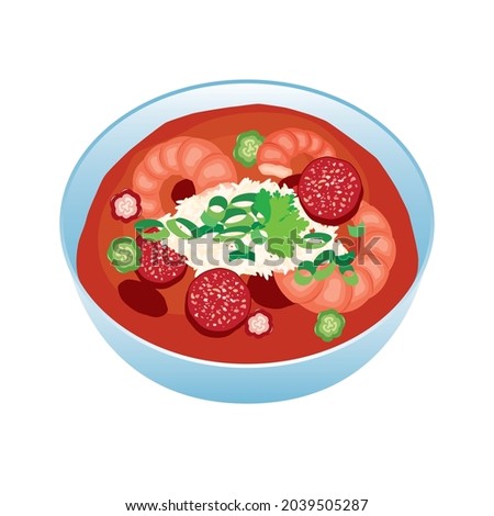 Gumbo soup icon vector. Bowl of soup with shrimp, sausage and rice icon vector