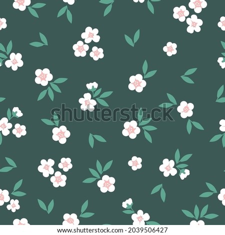 Seamless vintage pattern. wonderful white flowers and green leaves on a dark green background. vector texture. trend print for textiles and wallpaper.