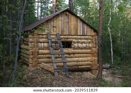 Wooden house in summer forest, horizontal picture