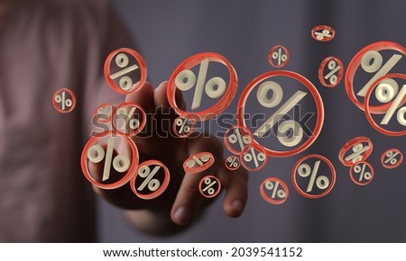 Interest rates effect on stock market share prices and global economic inflation and deflation, percent symbol