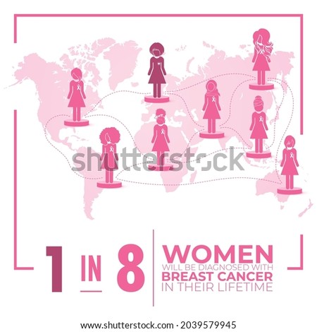 Breast cancer awareness month poster. The women were diagnosed. World pink map.