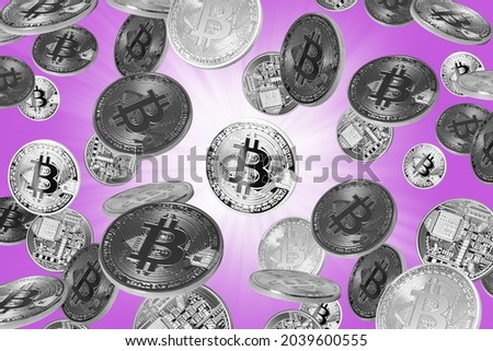 Falling bitcoins over purple background
