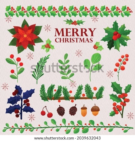 Set of watercolor painted Christmas winter plants, flowers and leaf clipart. Hand drawn isolated on white background