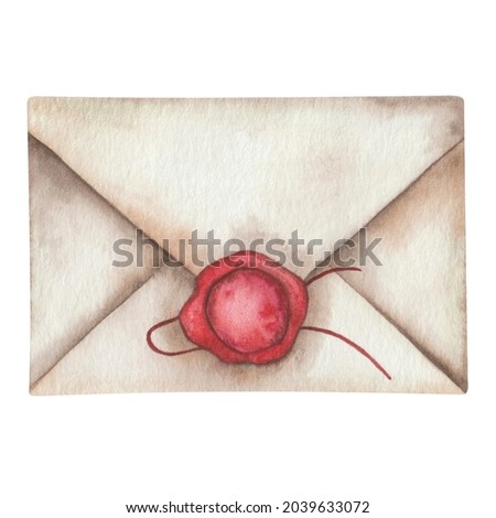 Watercolor illustration hand painted letter from old paper with red wax seal stamp isolated on white. Post clip art design element for greeting postcard, birthday and wedding invitation, packaging