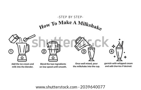 Infographics how to make a milkshake. instructions in line icon style. Vector illustration.  Royalty-Free Stock Photo #2039640077