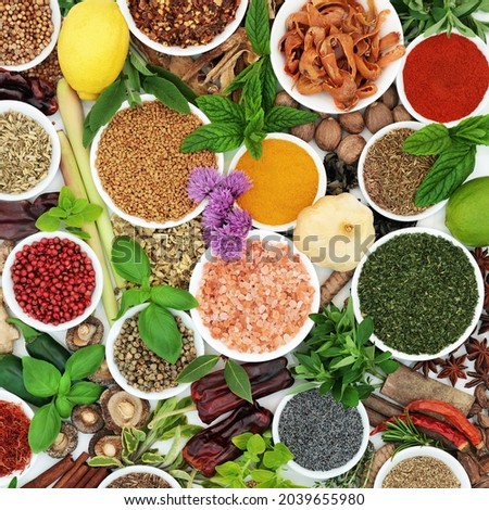 Herbs and spice background collection of fresh and dried seasoning ingredients. Healthy eating in porcelain bowls. High in antioxidants, vitamin c, lycopene, anthocyanins. Flat lay. 