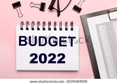 On a pink background, reports, black paper clips, glasses and a white notebook with the text BUDGET 2022.