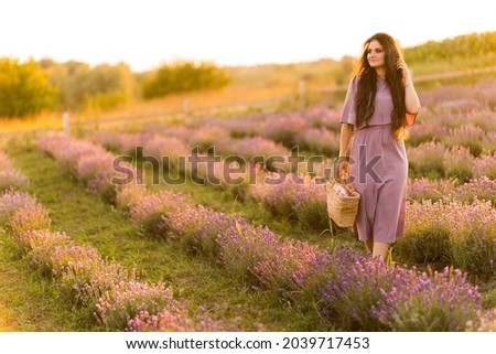 Portrait of stylish beautiful female walking at the lavender field, relaxing from city life. Brunette woman with picnic basket spending weekends outdoors, enjoying fresh air, beautiful nature concept