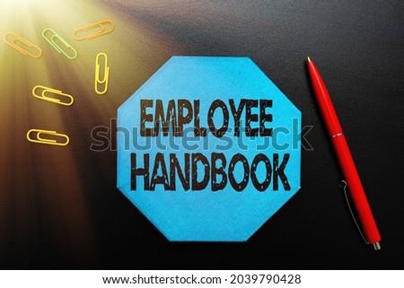Text caption presenting Employee Handbook. Conceptual photo states the rules and regulations and policies of a company Thinking New Bright Ideas Renewing Creativity And Inspiration