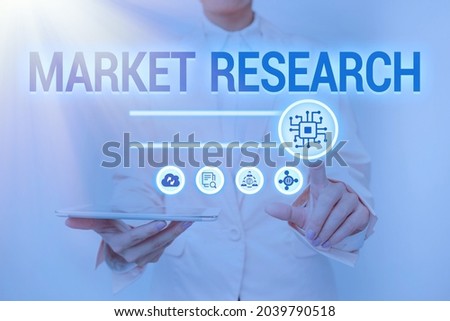 Handwriting text Market Research. Internet Concept gathering information about consumers needs and preferences Lady Holding Tablet Pressing On Virtual Button Showing Futuristic Tech.
