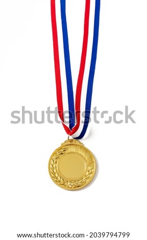Medal gold, Winner prize award hanging from red blue ribbon. Athlete trophy in sport for first place champion isolated on white background. Blank space and laurel wreath, template