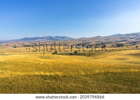 Beautiful countryside  sunny afternoon. Wonderful summer landscape in mountains. Grassy field and rolling hills. Rural scenery in the Durmitor National Park, Montenegro. 