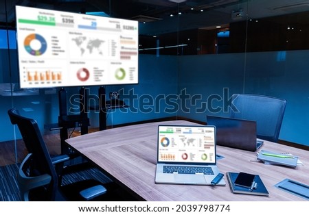 Slide show presentation on display laptop and television in meeting room