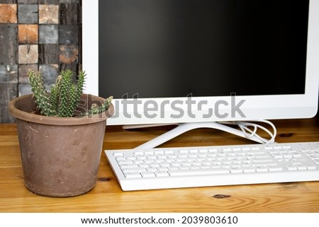 Front view of stylish workspace with mock up computer and office supplies gadget. Blank screen for graphic display montage, keyboard and succulent pot
