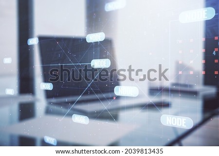 Multi exposure of abstract software development hologram on laptop background, research and analytics concept