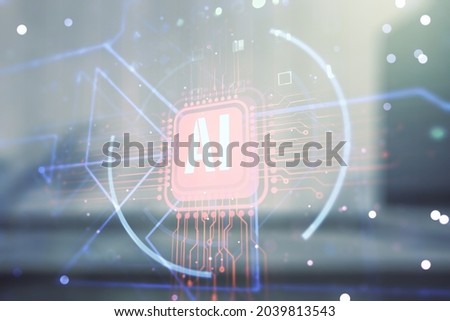 Double exposure of creative artificial Intelligence abbreviation hologram on contemporary business center exterior background. Future technology and AI concept