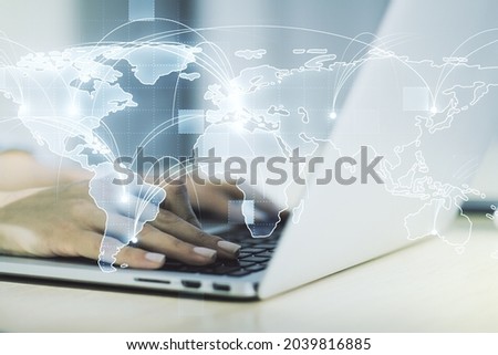 Abstract graphic digital world map with connections and hands typing on computer keyboard on background, globalization concept. Multiexposure