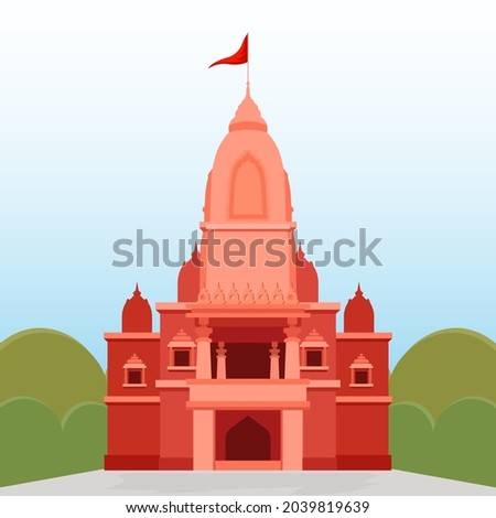 Traditional Hindu Temple with red flag isolated. North Indian style Hindu temple. Royalty-Free Stock Photo #2039819639