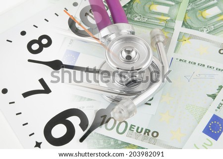 Stethoscope on euro banknotes and clock, cost of healthcare concept 