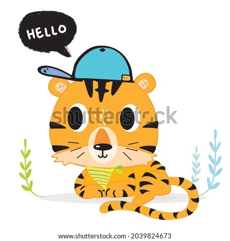 Hand drawing doodle cute tiger,  tiger vector illustration for t-shirt ,card, poster design for kids. Vector illustration design for fashion fabrics, textile graphics, prints, tiger cartoon