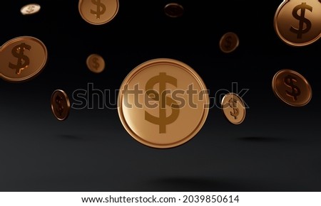 3D dollar coins drop on black background, Market investment trading, saving money concept, 3D rendering, simple, isometric, financial.