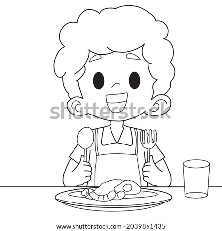 Cute boy having breakfast,cartoon,vector illustration isolated on white background,coloring book pages