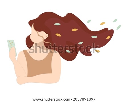 Portrait of an abstract girl in a modern minimalist style. Selfie photo of lady with smartphone. Autumn photo session of a woman with loose hair. Isolated vector illustrations in flat style