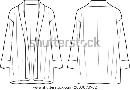 Women's Knit Kimono Cardigan. Cardigan technical fashion illustration. Flat apparel cardigan template front and back, white color. CAD mock-up. Royalty-Free Stock Photo #2039893982