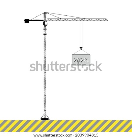 Happy New Year and Merry Christmas concept. Tower crane lifts a block labeled 2022. Flat vector illustration.
