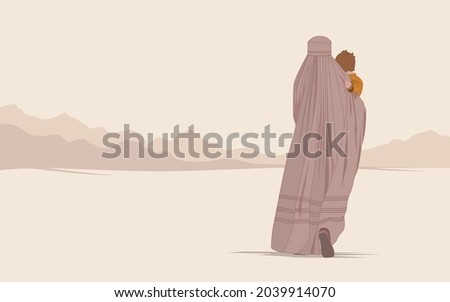 An Afghan woman in a burqa or burka with a child walks through the desert in search of freedom. Flight from the war. Refugee poster concept. Save the women of the east from violence and terrorism  Royalty-Free Stock Photo #2039914070