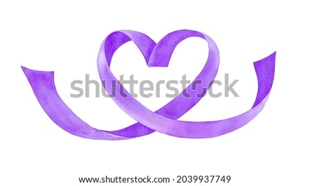 Decorative heart shaped purple ribbon on white background. Hand painted water color graphic illustration, cutout clip art element for creative design decoration, invitation, pattern, banner, print.