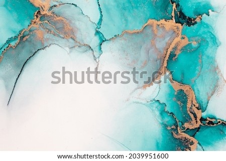 Ocean blue abstract background of marble liquid ink art painting on paper . Image of original artwork watercolor alcohol ink paint on high quality paper texture .