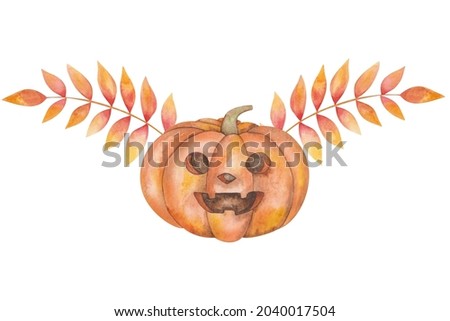 Watercolor illustration hand painted orange pumpkin with scary face for Halloween with leaves like wings isolated on white. Сlip art element for holiday celebration, design postcard, poster, packaging
