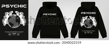 Abstract poster psychic, hands reach out to the planet earth. Stylish sweatshirt with a hood in Acid Graphic style, trendy streetwear with lettering, vector illustration Royalty-Free Stock Photo #2040022559