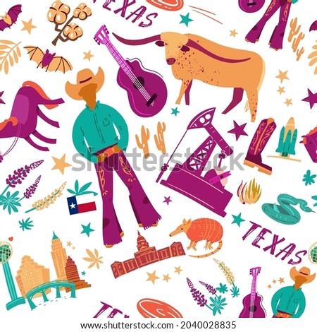Seamless pattern with symbols and animals of America Texas state. Full color icons on white background vector illustration.